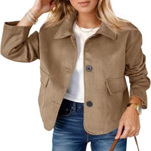 Tankaneo Womens Faux Suede Leather Jackets Casual Cropped Coats Vintage Button Down Shackets(Dark Brown)