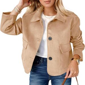 Tankaneo Womens Faux Suede Leather Jackets Casual Cropped Coats Vintage Button Down Shackets(Khaki)