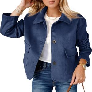 Tankaneo Womens Faux Suede Leather Jackets Casual Cropped Coats Vintage Button Down Shackets(Navy)