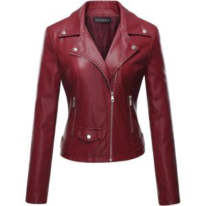 Tanming Women’s Faux Leather Moto Biker Short Coat Jacket(A Wine Red)