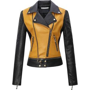 Tanming Women’s Faux Leather Moto Biker Short Coat Jacket(C Yellow14)