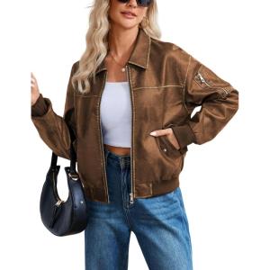 Tanming Womens Leather Jacket Fall Fashion Motorcycle Biker Bomber Jacket Zip Up Winter Coat Outerwear(Brown)