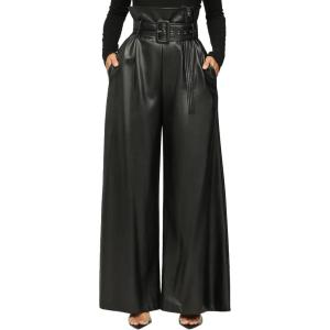 Tcremisa Leather Pants for Women High Waisted Faux Leather Straight Wide Leg Pant PU Trousers with Belt(Black)