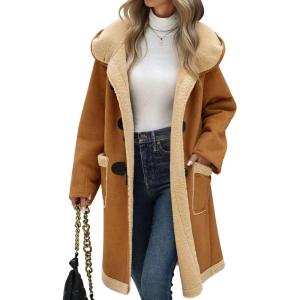 UMIPUBO Women’s Faux Suede Coat Sherpa Fleece Lined Oversize Duffle Coat Winter Mid-Length Hooded Toggle Jacket with Pockets(Dark Khaki)