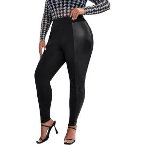 WDIRARA Women’s Plus Size High Waist PU Leather Leggings Stretch Skinny Pants(Black)