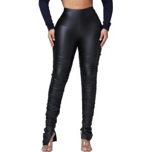 Women’s Faux Leather Leggings Pants High Waisted Leather Tight Stacked Pants with Splits(Dark Black)