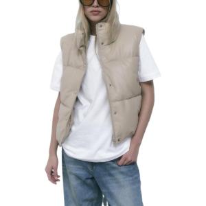 Yidarer Women’s Faux Leather Puffer Vest Zip-Up Stand Collar Quilted Sleeveless Jacket Casual Fall Winter Outerwear(Beige)