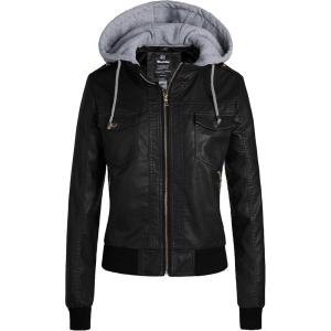 wantdo Women’s Lightweight Leather Jacket Casual Motorcycle PU Biker Coat with Removable Hood(Black(lightweight))