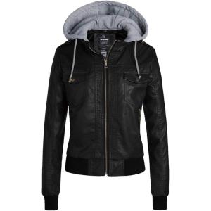 wantdo Women’s Lightweight Leather Jacket Casual Motorcycle PU Biker Coat with Removable Hood(Black(thick))