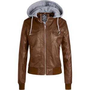 wantdo Women’s Lightweight Leather Jacket Casual Motorcycle PU Biker Coat with Removable Hood(Brown(thick))