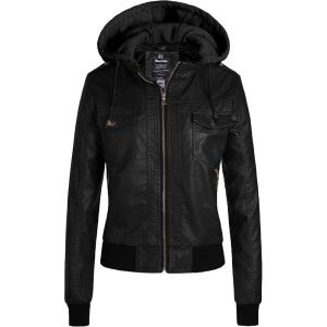 wantdo Women’s Lightweight Leather Jacket Casual Motorcycle PU Biker Coat with Removable Hood(Pure Black(thick))