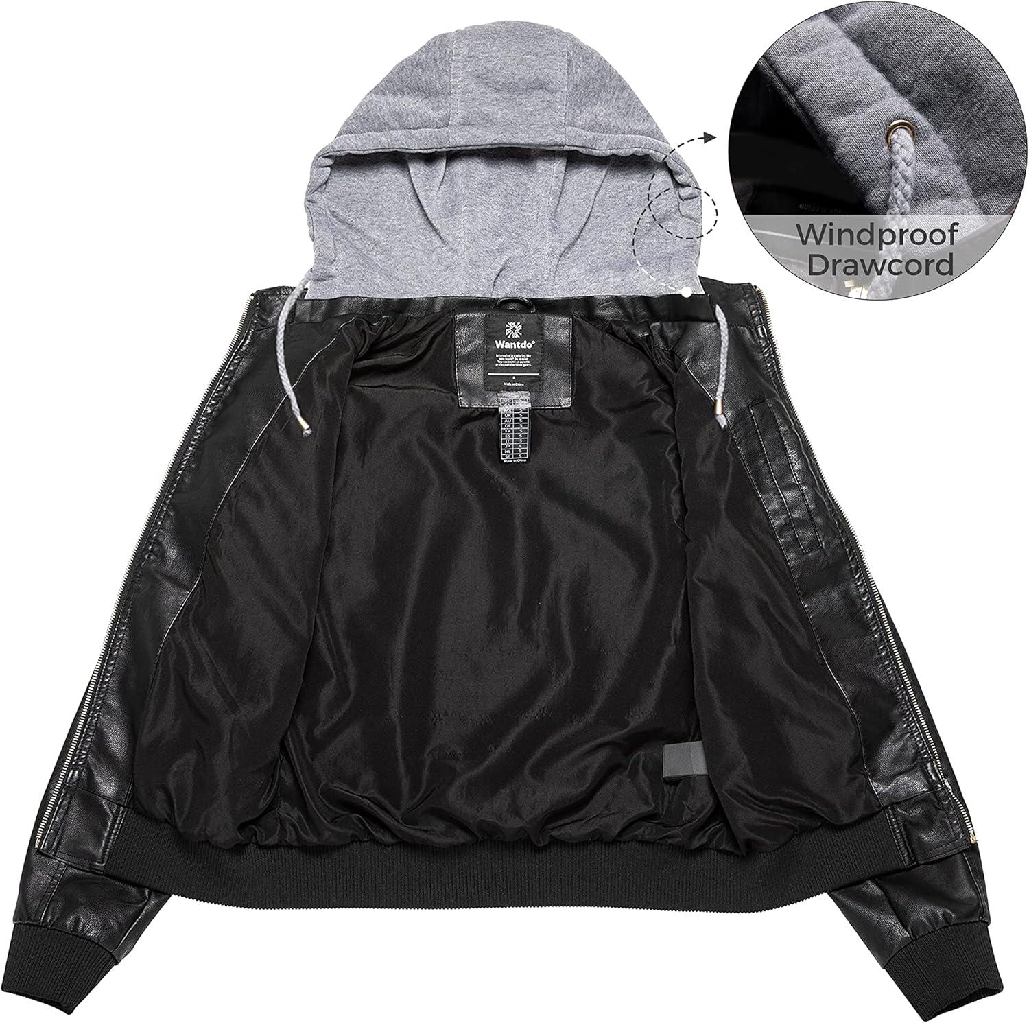 imagewantdo Womens Lightweight Leather Jacket Casual Motorcycle PU Biker Coat with Removable HoodBlacklightweight