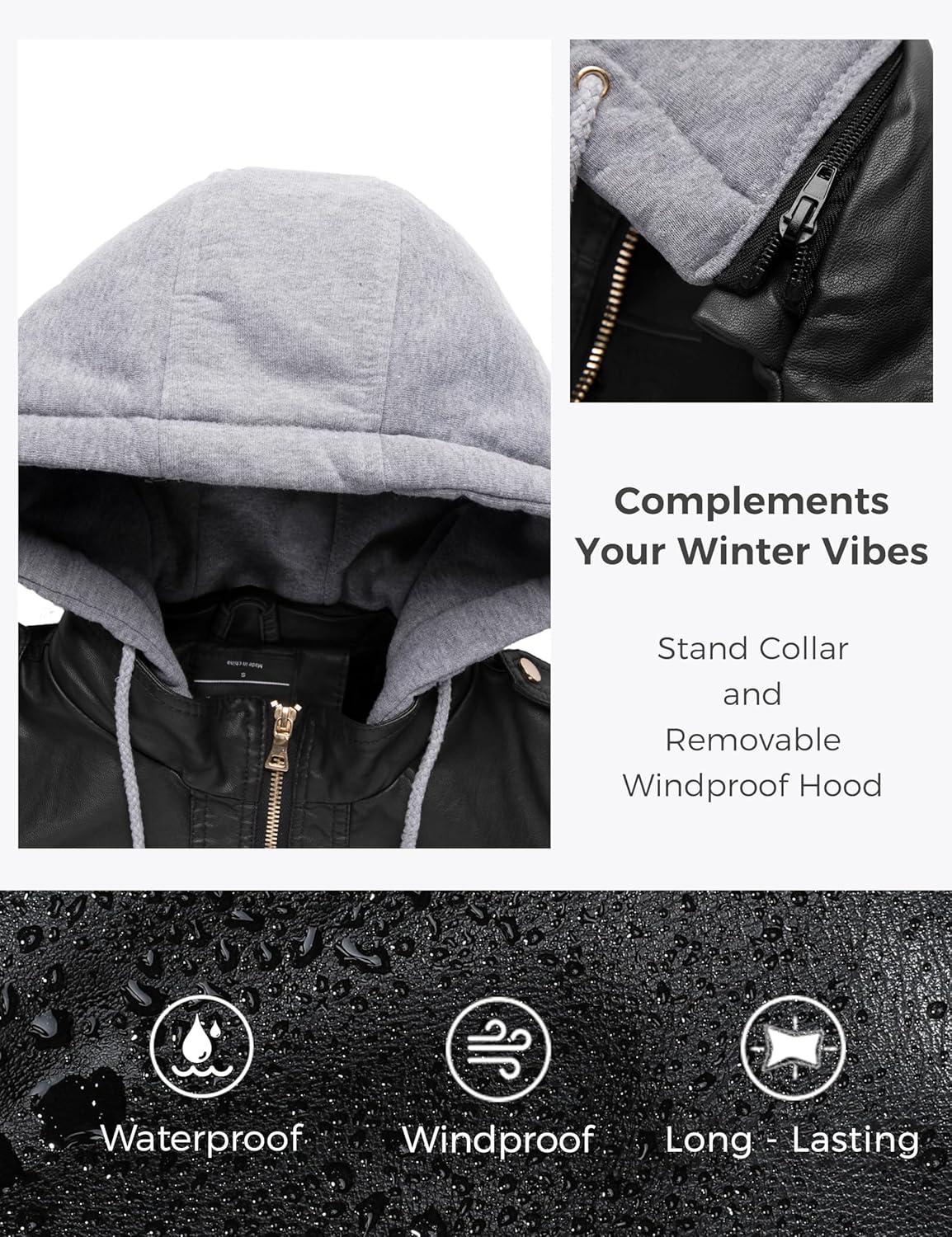 imagewantdo Womens Lightweight Leather Jacket Casual Motorcycle PU Biker Coat with Removable HoodPure Blackthick