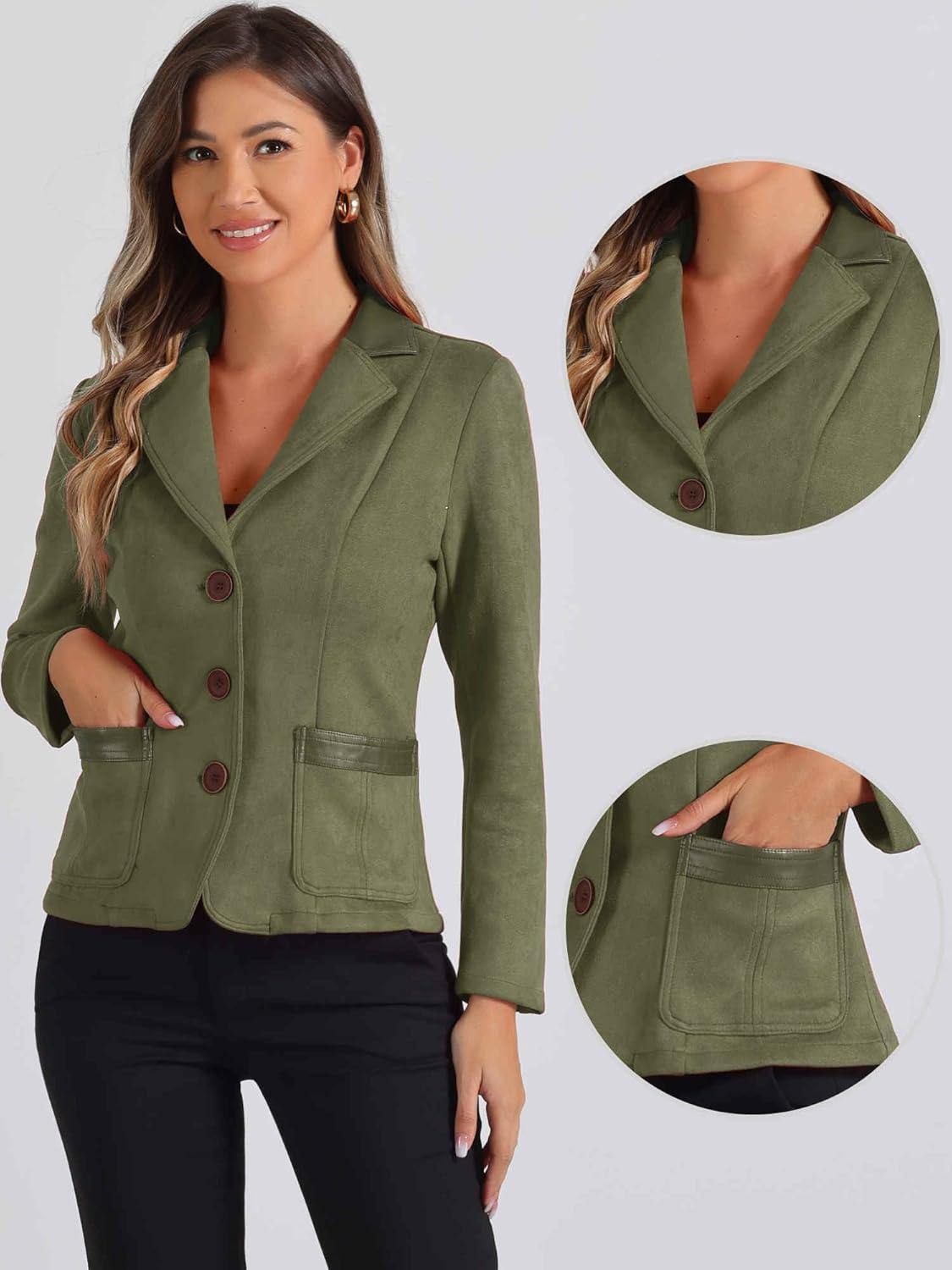 imageAllegra K Faux Suede Blazer for Women Lapel Collar Button Front Long Sleeve Jacket Casual Office WearArmy Green