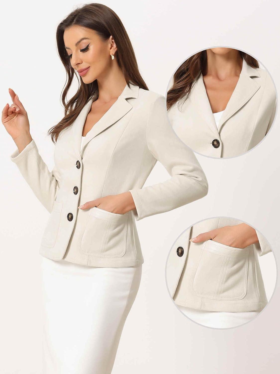 imageAllegra K Faux Suede Blazer for Women Lapel Collar Button Front Long Sleeve Jacket Casual Office WearBeige