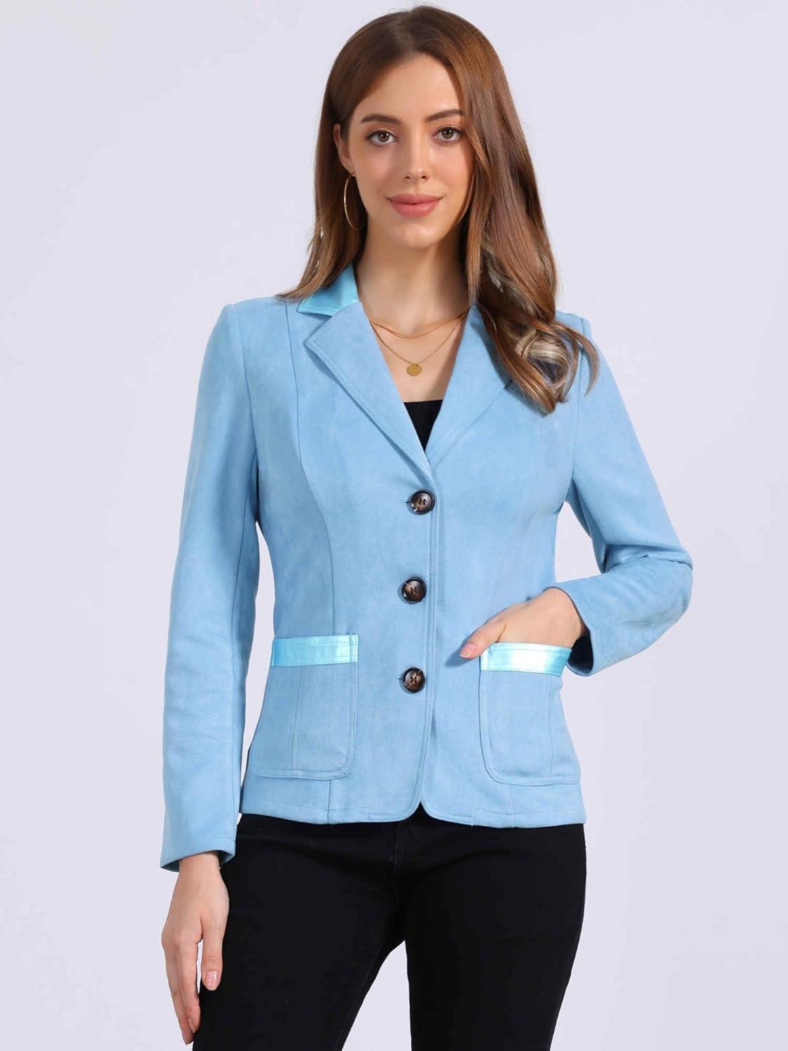 imageAllegra K Faux Suede Blazer for Women Lapel Collar Button Front Long Sleeve Jacket Casual Office WearBlue