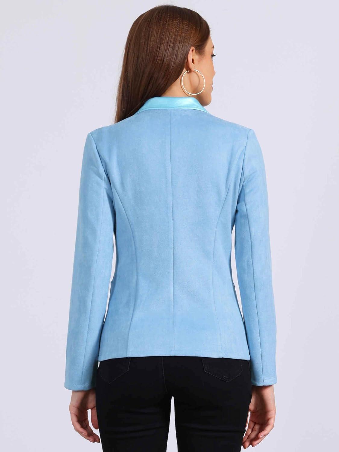 imageAllegra K Faux Suede Blazer for Women Lapel Collar Button Front Long Sleeve Jacket Casual Office WearBlue