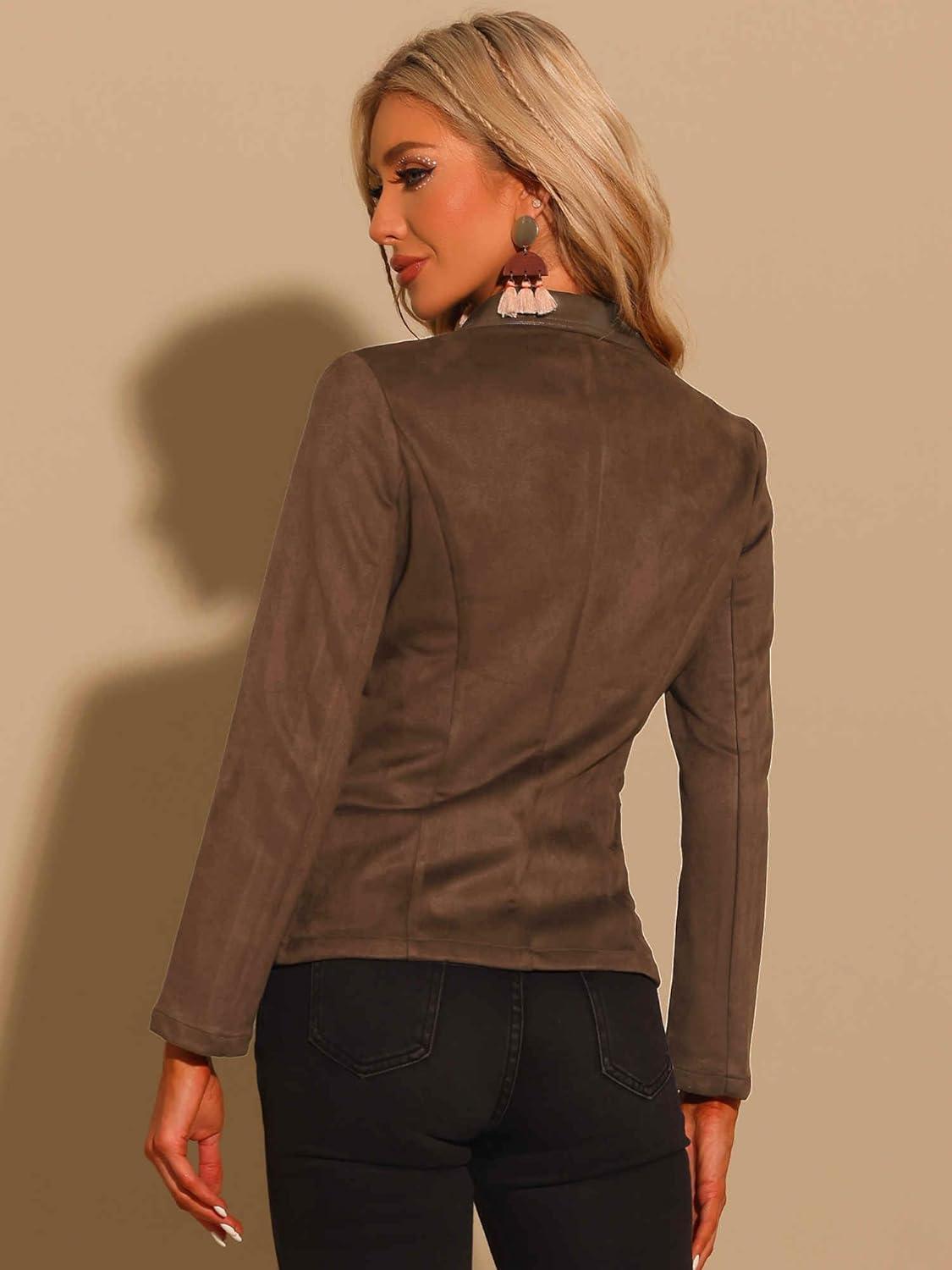 imageAllegra K Faux Suede Blazer for Women Lapel Collar Button Front Long Sleeve Jacket Casual Office WearBrown