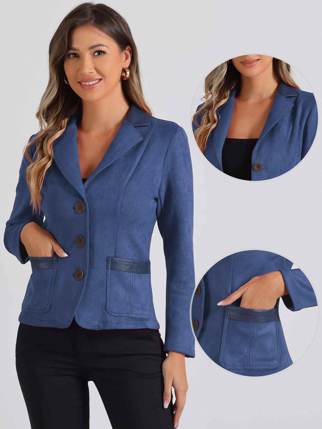 imageAllegra K Faux Suede Blazer for Women Lapel Collar Button Front Long Sleeve Jacket Casual Office WearDark Blue