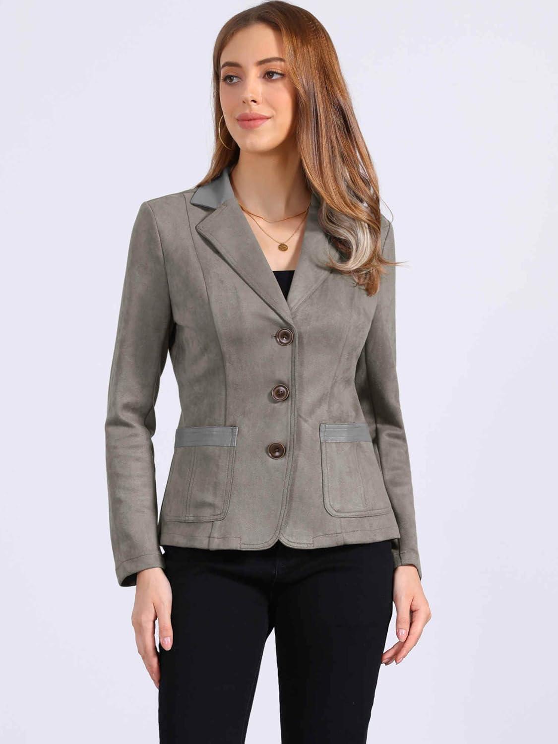 imageAllegra K Faux Suede Blazer for Women Lapel Collar Button Front Long Sleeve Jacket Casual Office WearGrey