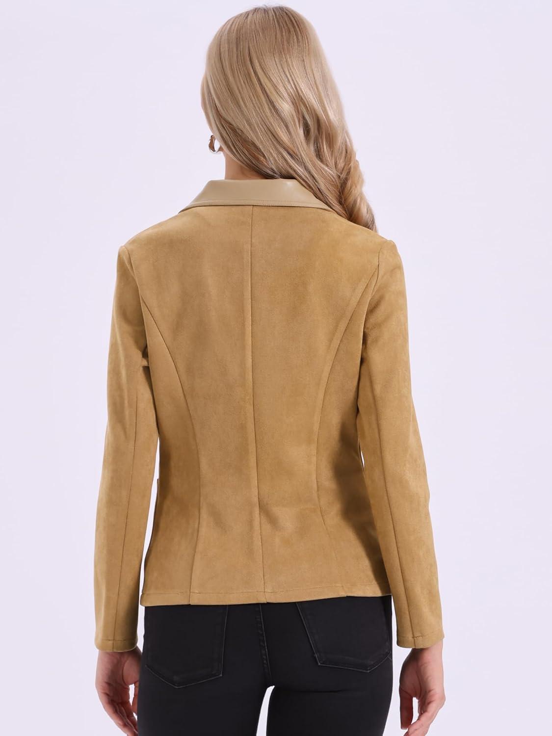 imageAllegra K Faux Suede Blazer for Women Lapel Collar Button Front Long Sleeve Jacket Casual Office WearKhaki
