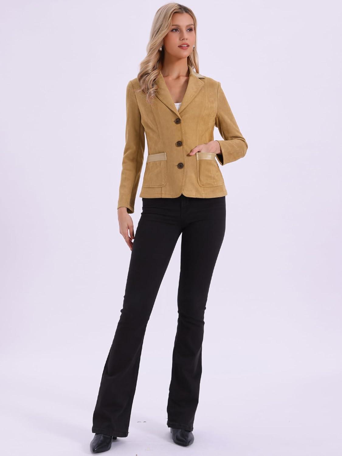 imageAllegra K Faux Suede Blazer for Women Lapel Collar Button Front Long Sleeve Jacket Casual Office WearKhaki