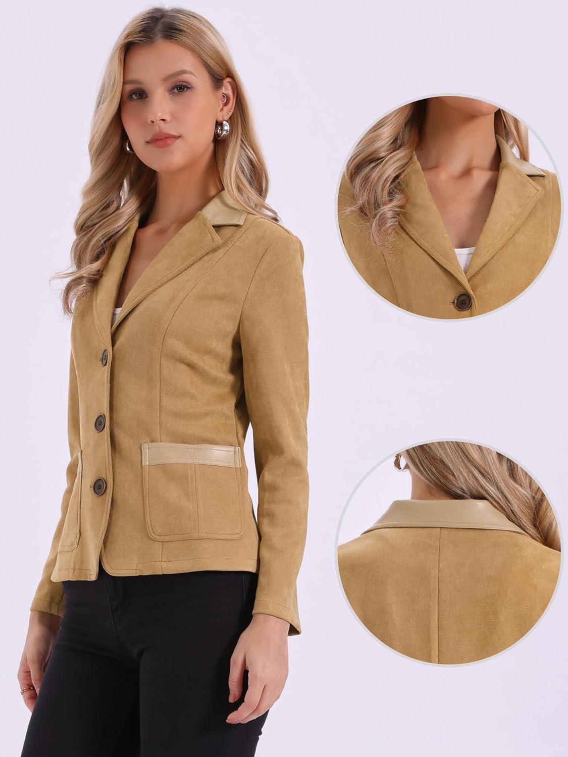 imageAllegra K Faux Suede Blazer for Women Lapel Collar Button Front Long Sleeve Jacket Casual Office WearKhaki