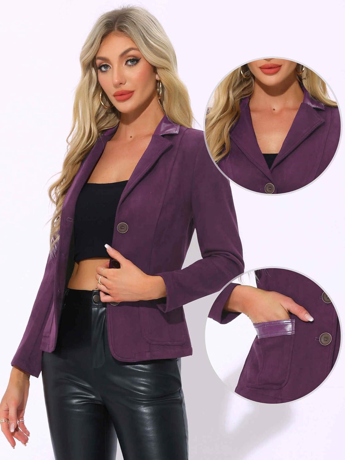 imageAllegra K Faux Suede Blazer for Women Lapel Collar Button Front Long Sleeve Jacket Casual Office WearPurple