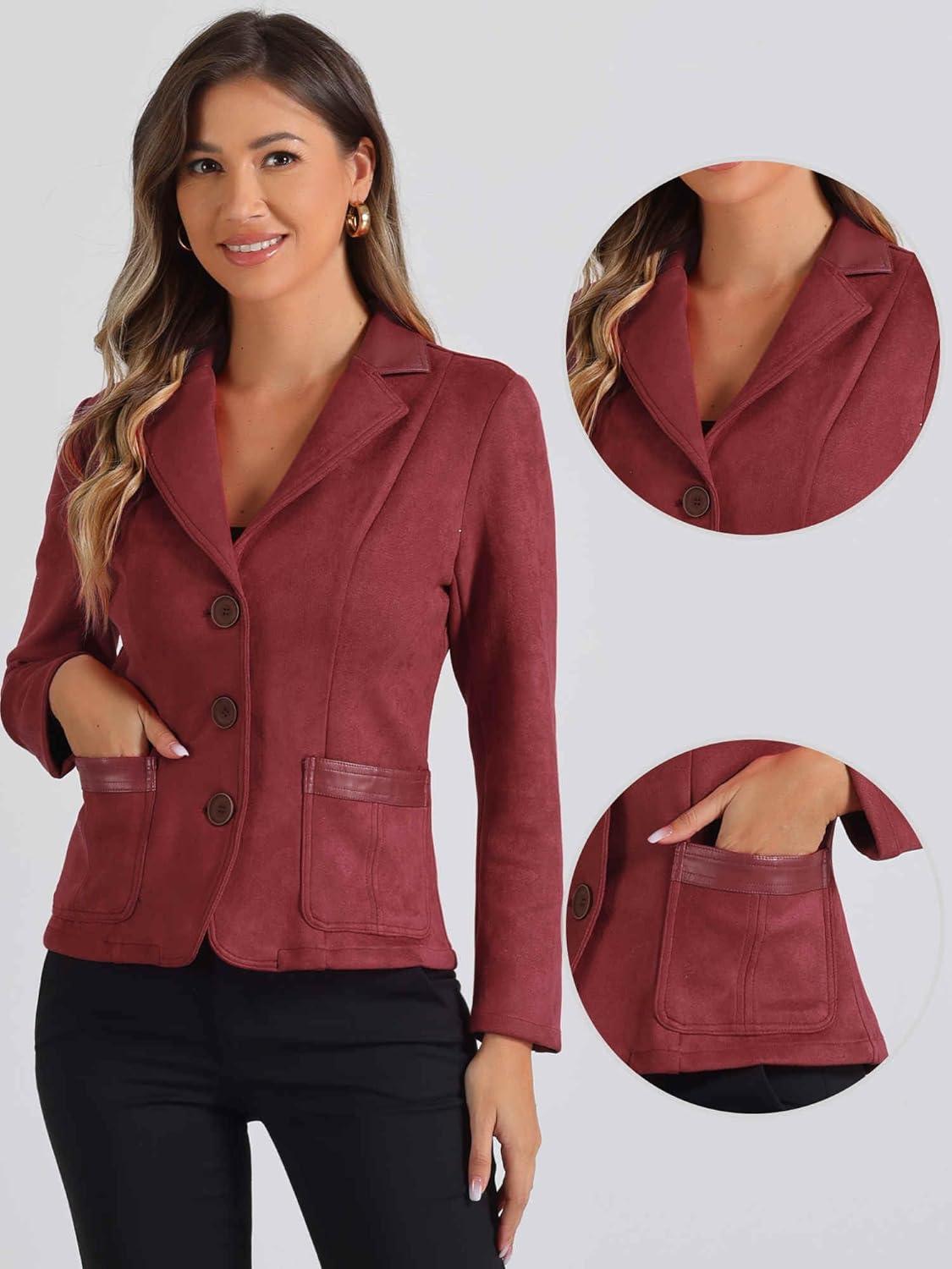 imageAllegra K Faux Suede Blazer for Women Lapel Collar Button Front Long Sleeve Jacket Casual Office WearReddish Brown