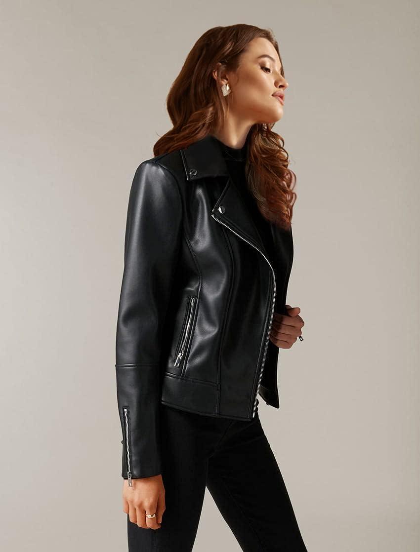 imageAthlemo Womens Faux Leather Motorcycle Jackets Classical Black PU Slim Short Biker CoatsBlack
