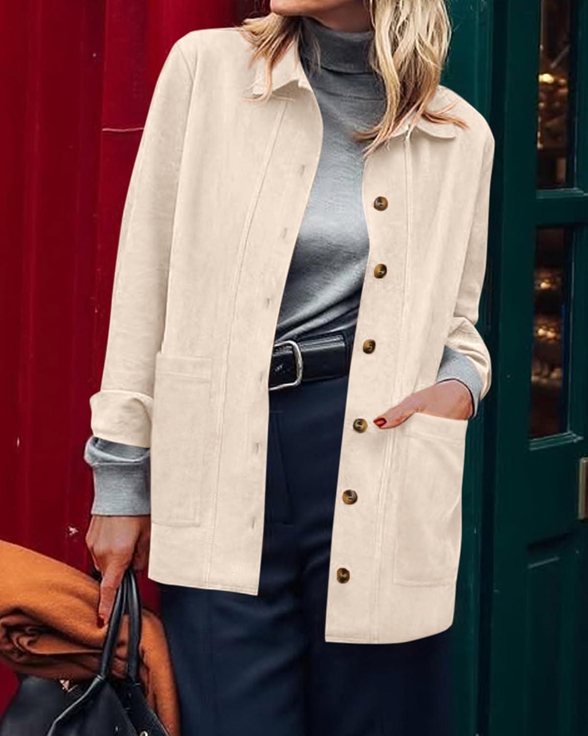 imageBTFBM Faux Suede Jacket Women Fall Fashion 2026 Leather Jackets Long Sleeve Button Down Winter Coats Shackets OuterwearBeige