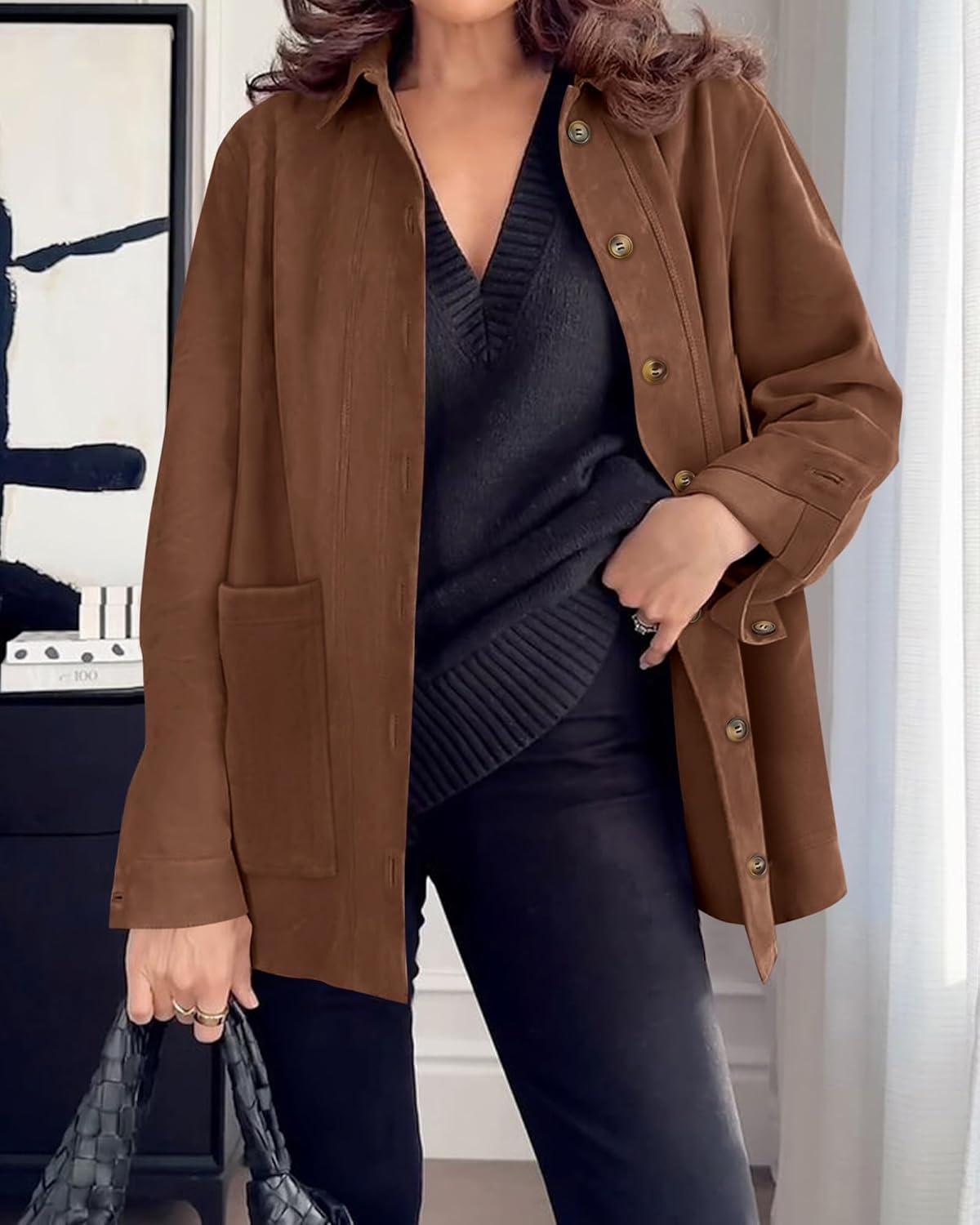 imageBTFBM Faux Suede Jacket Women Fall Fashion 2026 Leather Jackets Long Sleeve Button Down Winter Coats Shackets OuterwearBrown