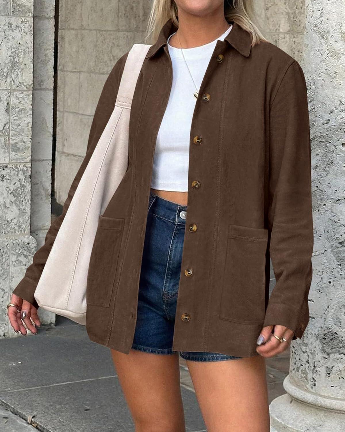 imageBTFBM Faux Suede Jacket Women Fall Fashion 2026 Leather Jackets Long Sleeve Button Down Winter Coats Shackets OuterwearDark Brown