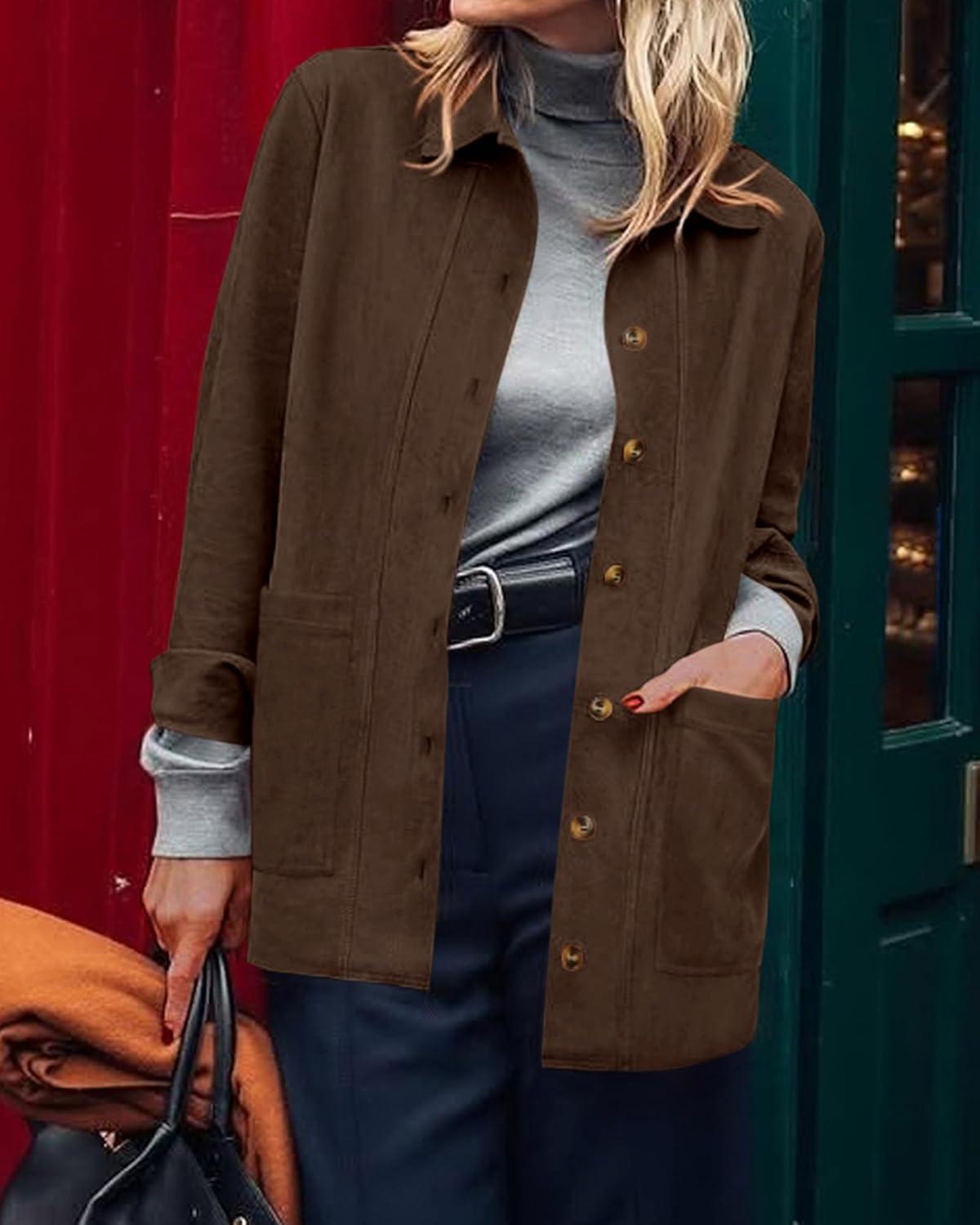 imageBTFBM Faux Suede Jacket Women Fall Fashion 2026 Leather Jackets Long Sleeve Button Down Winter Coats Shackets OuterwearDark Brown