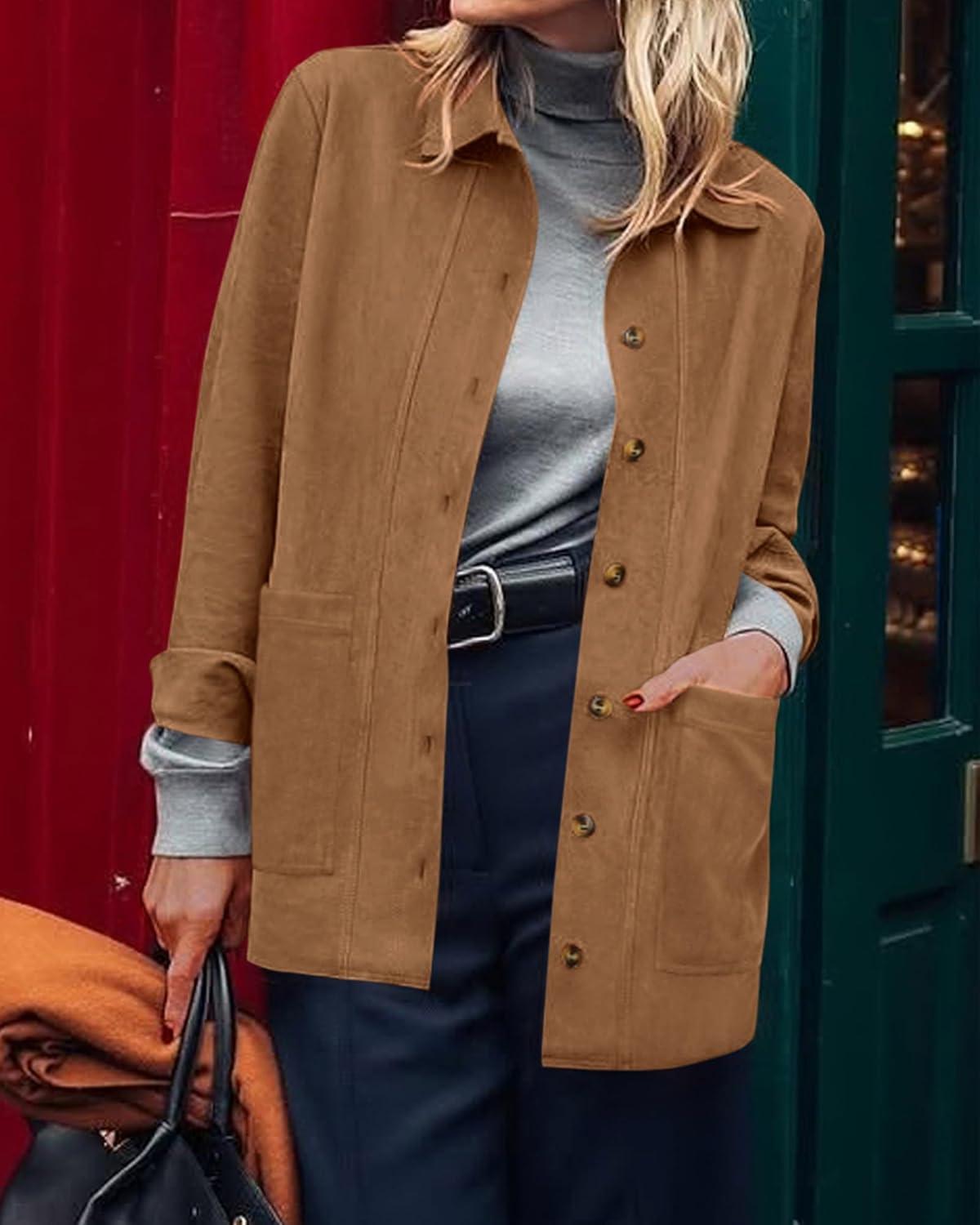 imageBTFBM Faux Suede Jacket Women Fall Fashion 2026 Leather Jackets Long Sleeve Button Down Winter Coats Shackets OuterwearKhaki