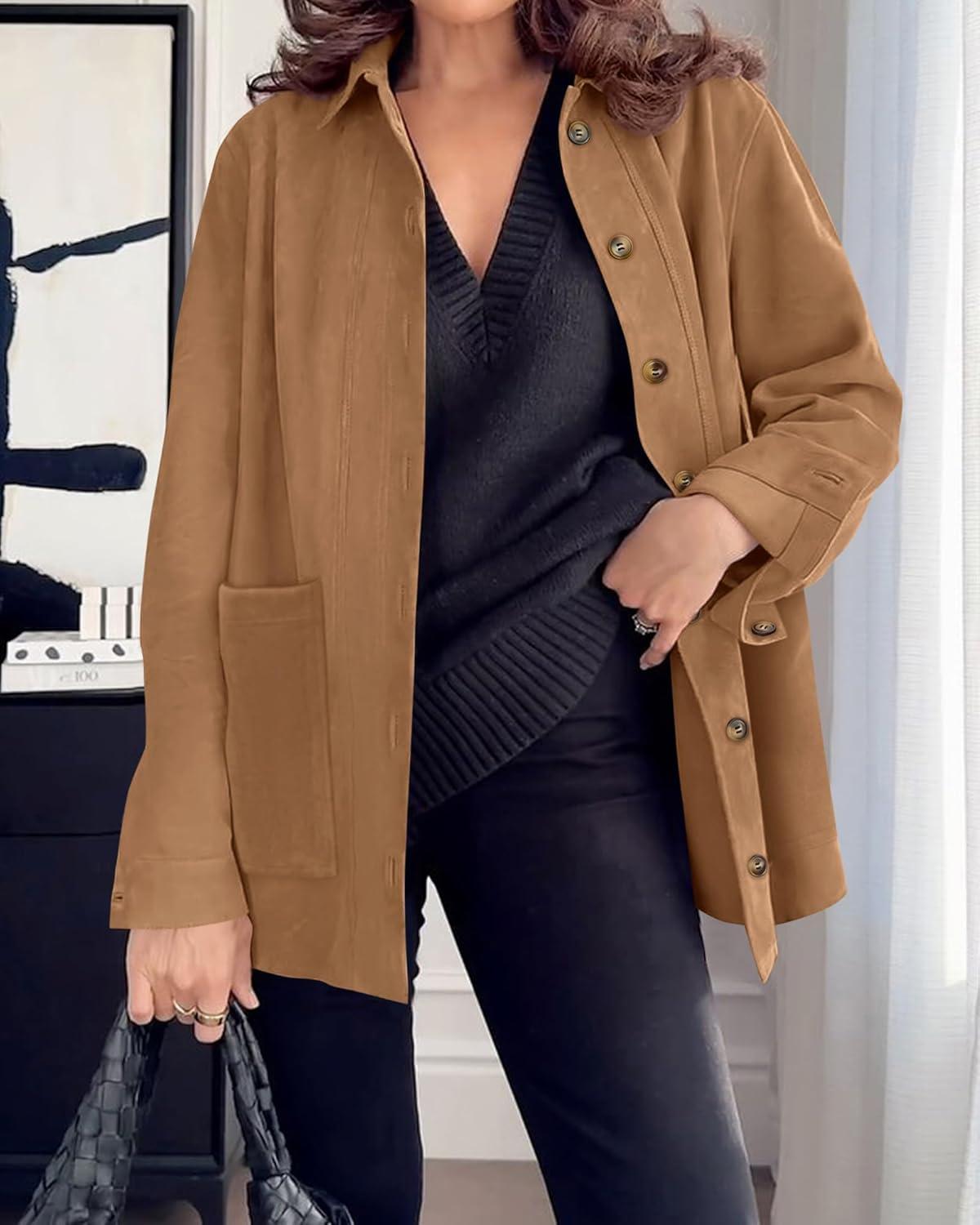 imageBTFBM Faux Suede Jacket Women Fall Fashion 2026 Leather Jackets Long Sleeve Button Down Winter Coats Shackets OuterwearKhaki