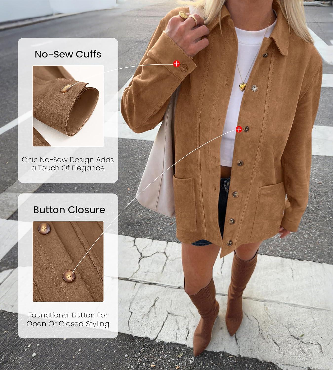 imageBTFBM Faux Suede Jacket Women Fall Fashion 2026 Leather Jackets Long Sleeve Button Down Winter Coats Shackets OuterwearKhaki