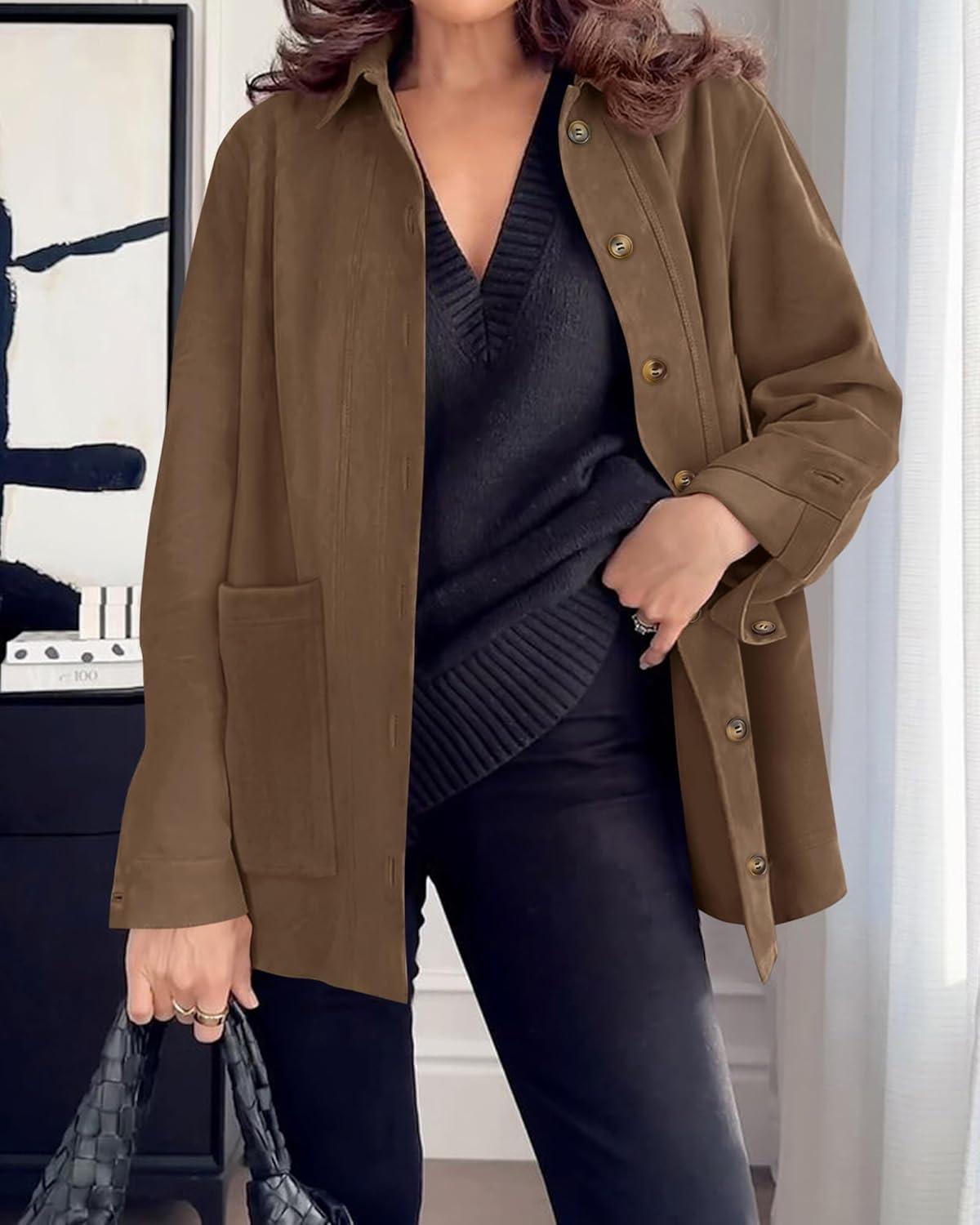 imageBTFBM Faux Suede Jacket Women Fall Fashion 2026 Leather Jackets Long Sleeve Button Down Winter Coats Shackets OuterwearLight Brown