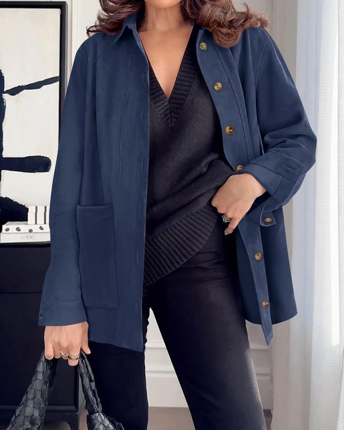 imageBTFBM Faux Suede Jacket Women Fall Fashion 2026 Leather Jackets Long Sleeve Button Down Winter Coats Shackets OuterwearNavy Blue