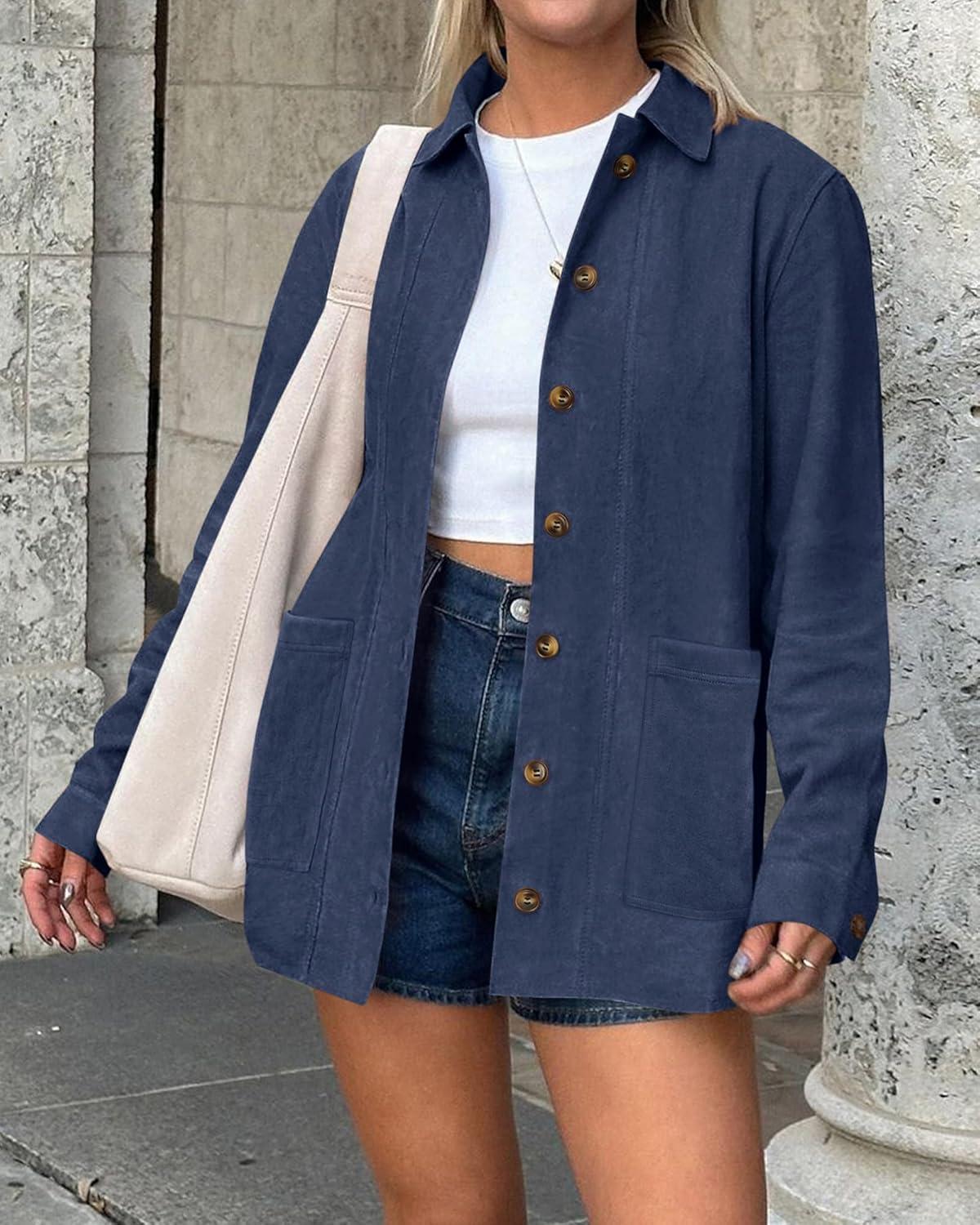 imageBTFBM Faux Suede Jacket Women Fall Fashion 2026 Leather Jackets Long Sleeve Button Down Winter Coats Shackets OuterwearNavy Blue