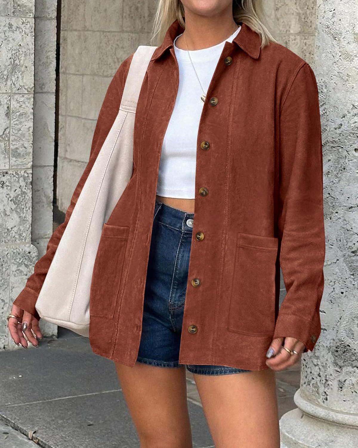 imageBTFBM Faux Suede Jacket Women Fall Fashion 2026 Leather Jackets Long Sleeve Button Down Winter Coats Shackets OuterwearRust