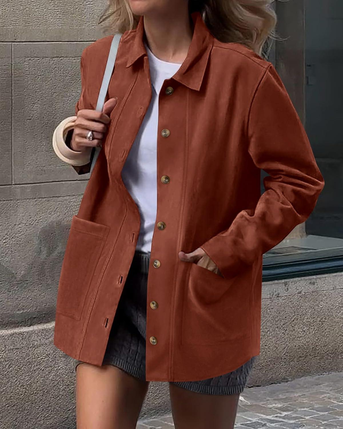 imageBTFBM Faux Suede Jacket Women Fall Fashion 2026 Leather Jackets Long Sleeve Button Down Winter Coats Shackets OuterwearRust