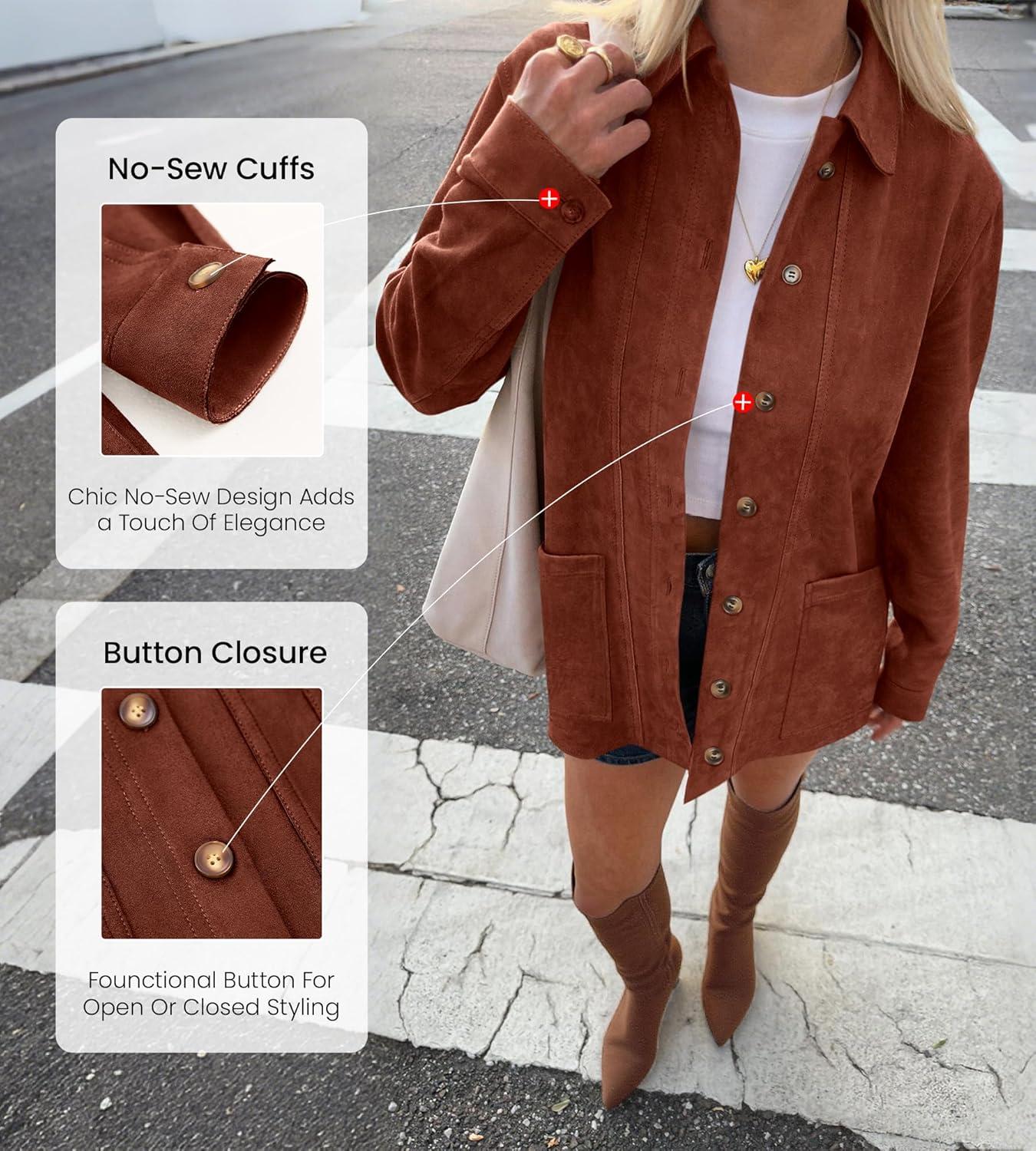 imageBTFBM Faux Suede Jacket Women Fall Fashion 2026 Leather Jackets Long Sleeve Button Down Winter Coats Shackets OuterwearRust