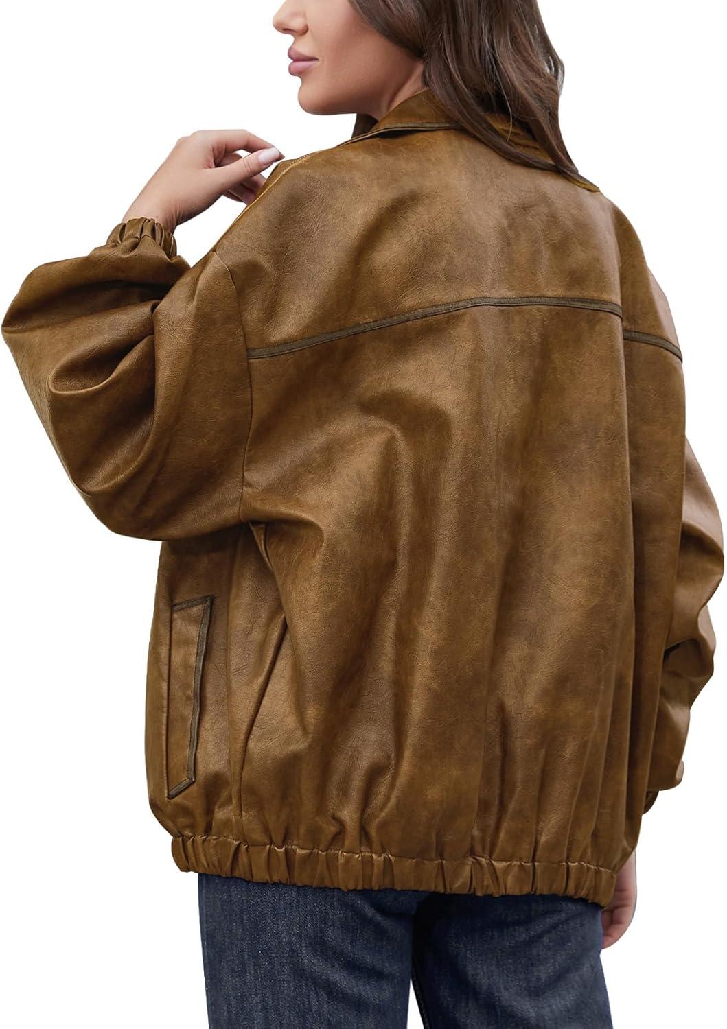 imageBakyarder Womens Oversized Y2K Faux Leather Jackets Vintage Plus Size Fashion Motorcycle Coats Fall Fashion Outfits 2025Light Brown