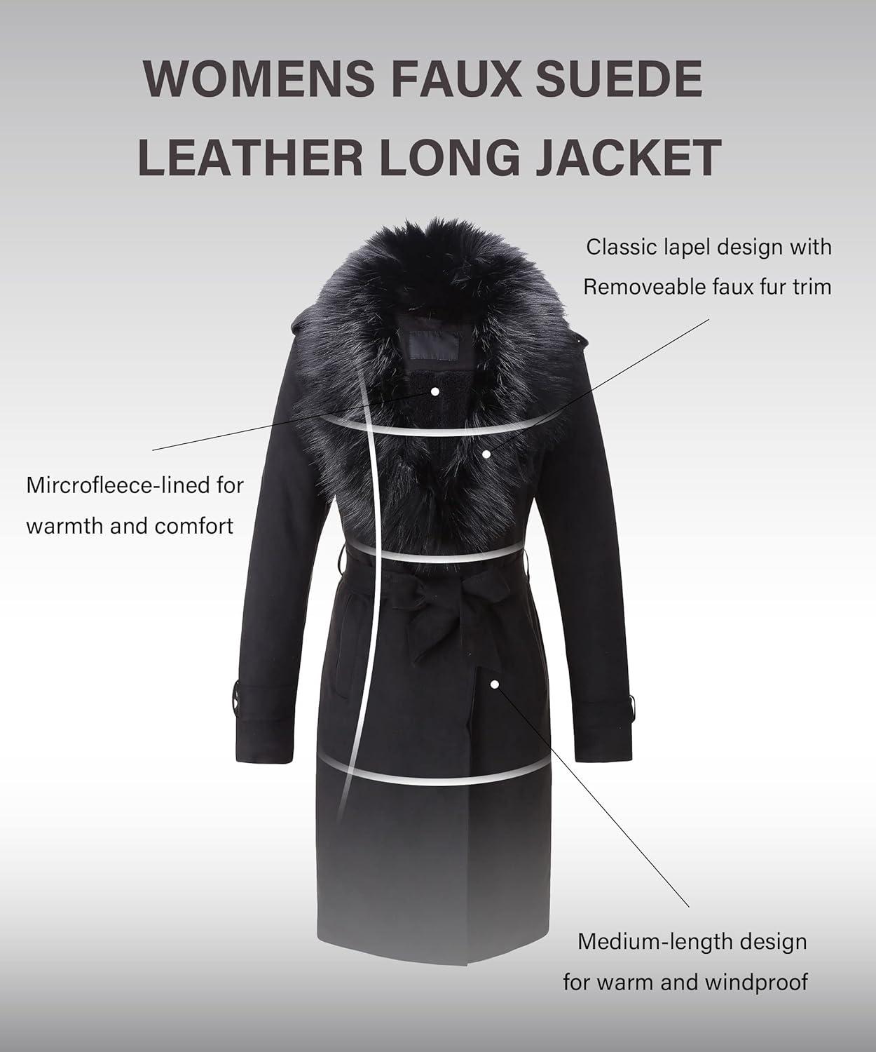 imageBellivera Women Faux Leather Trench Coat FleeceLined Midlength Jacket with Detachable Fur CollarBlack