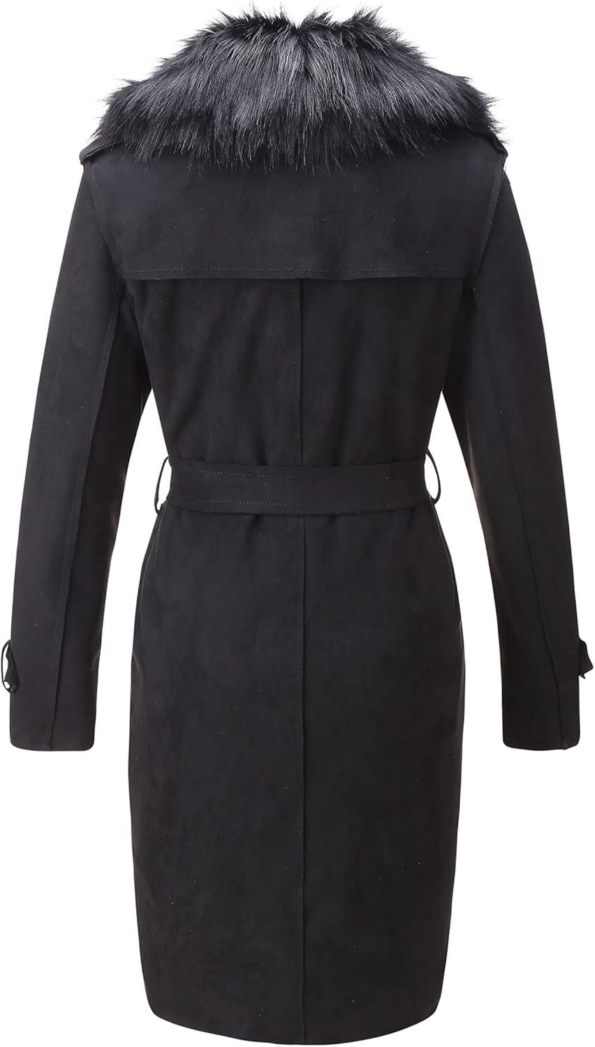 imageBellivera Women Faux Leather Trench Coat FleeceLined Midlength Jacket with Detachable Fur CollarBlack