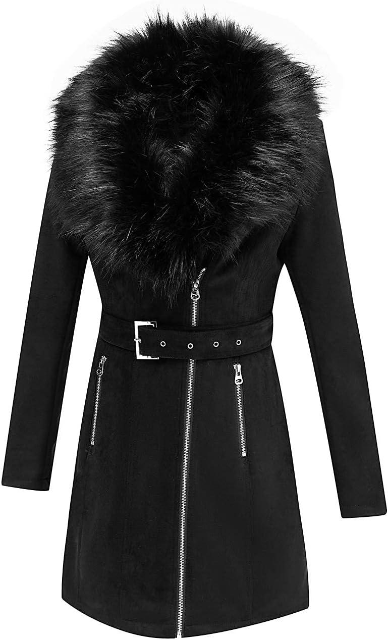 imageBellivera Women Faux Leather Trench Coat FleeceLined Midlength Jacket with Detachable Fur CollarBlack Coat