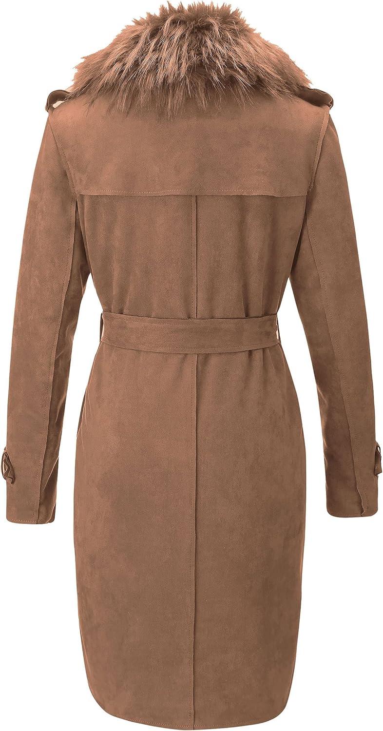 imageBellivera Women Faux Leather Trench Coat FleeceLined Midlength Jacket with Detachable Fur CollarBrown