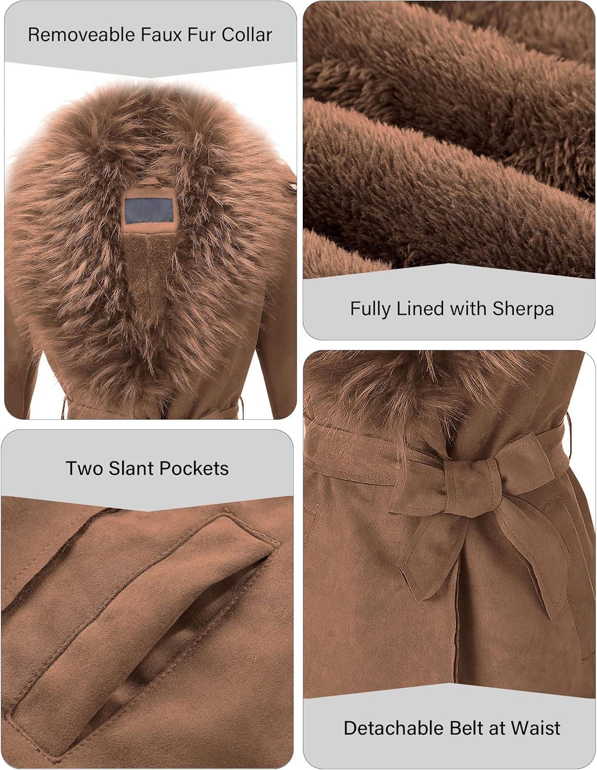 imageBellivera Women Faux Leather Trench Coat FleeceLined Midlength Jacket with Detachable Fur CollarBrown