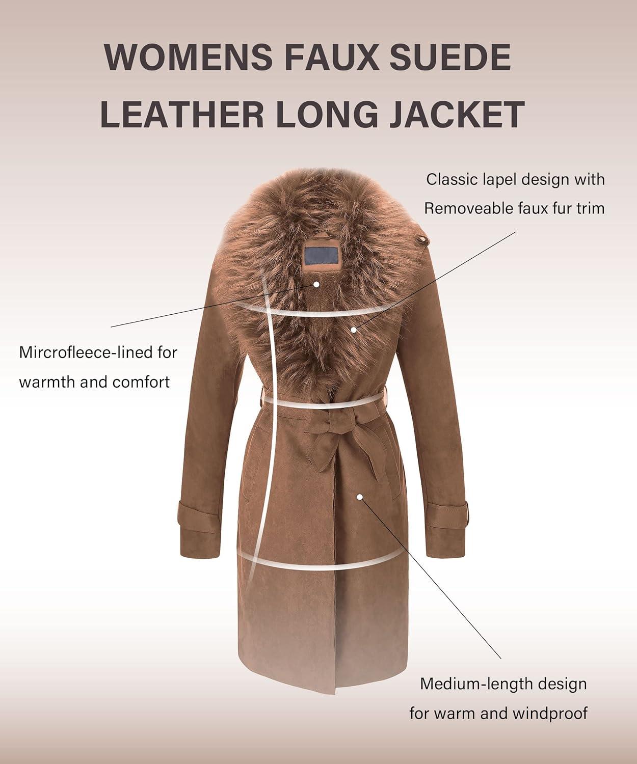 imageBellivera Women Faux Leather Trench Coat FleeceLined Midlength Jacket with Detachable Fur CollarBrown
